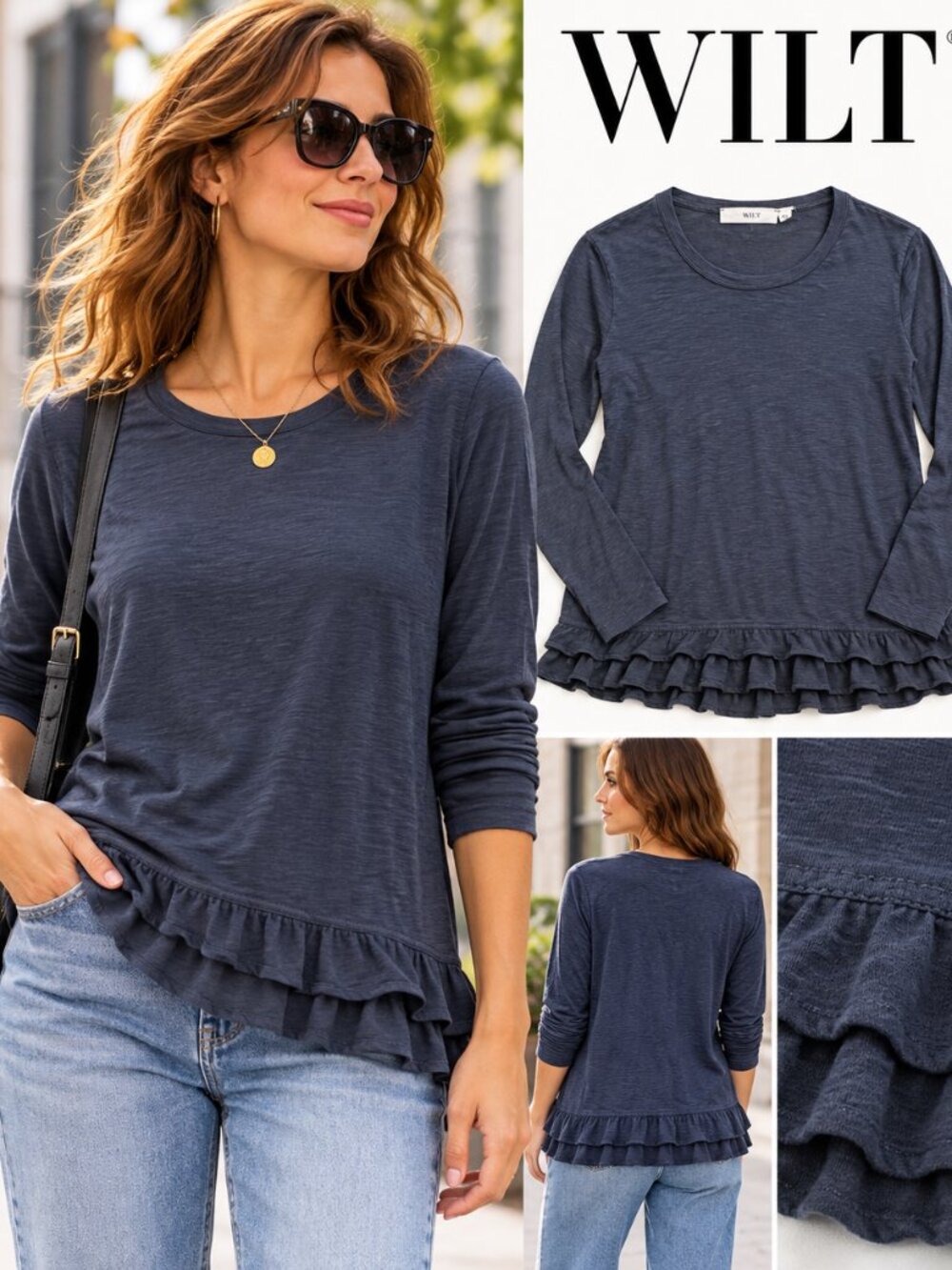 WILT Women's Navy Blue Cotton Slub Ruffle Hem Long Sleeve Top Size M USA